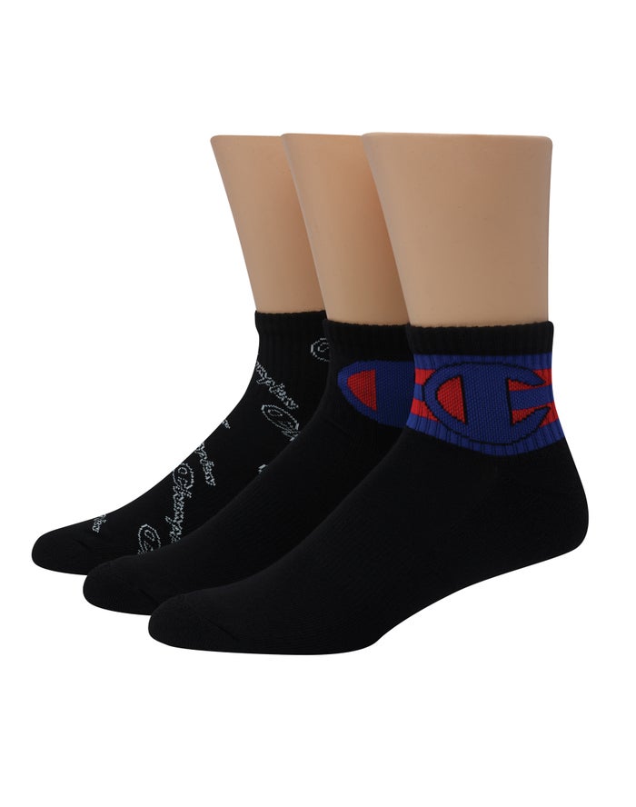 Champion Mens Socks NZ - Ankle Multi-Logo 3-Pairs Black ( 1739-AKEBD )